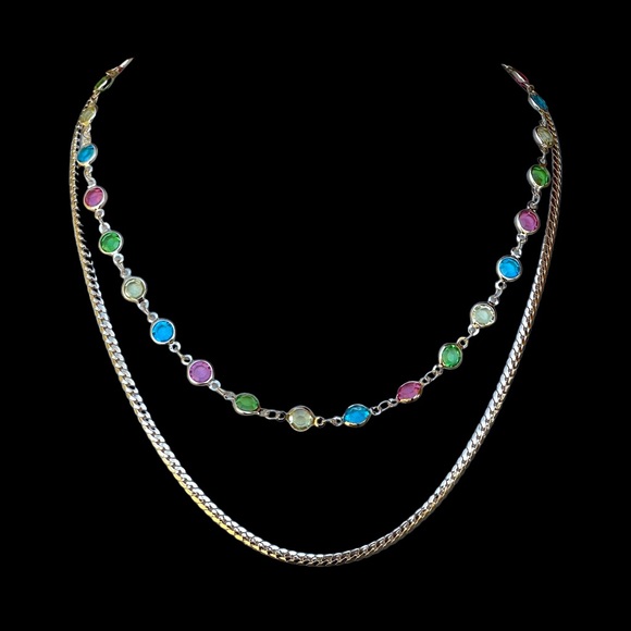 Beautiful multicolor faceted rhinestone 2 layer stainless steel gold necklace - Picture 4 of 8